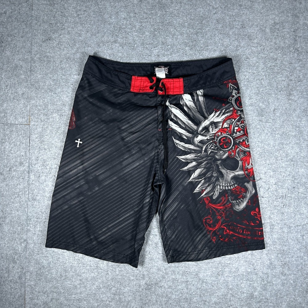 Vintage MMA Elite Shorts Mens Medium(34x10) Black Y2K Board Skull Graphic Gothic